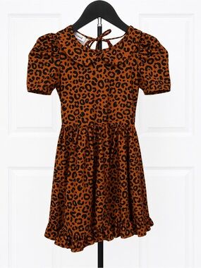 Girls' Brown Leopard Print Puff Sleeve Dress with Ruffle Hem